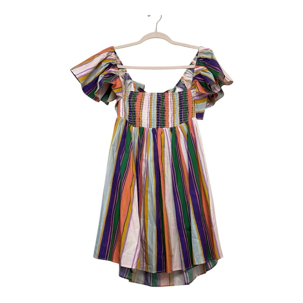 Women’s NWT By Anthropologie Striped, ruffle sleeve, open back mini dress, sz XS